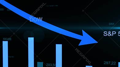 Stock market crash. Financial charts with falling down blue arrow