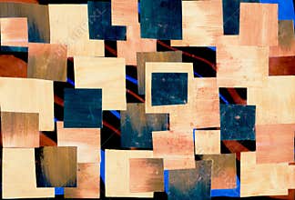 Painting, contemporary Modern Art. blue pink orange beige black gradient, gouache acrylic paint in collage mosaic technique,