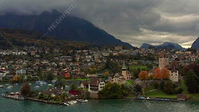 Aerial panorama of Spiez with Niessen peak background. BernerOberland, Switzerland.
