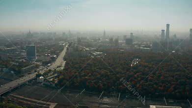 Aerial shot of Moscow cityscape involving 1905 Goda street and Vagankovo Cemetery, Russia