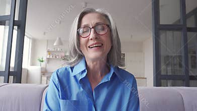 Older woman online teacher distance therapist talking to web cam video calling.