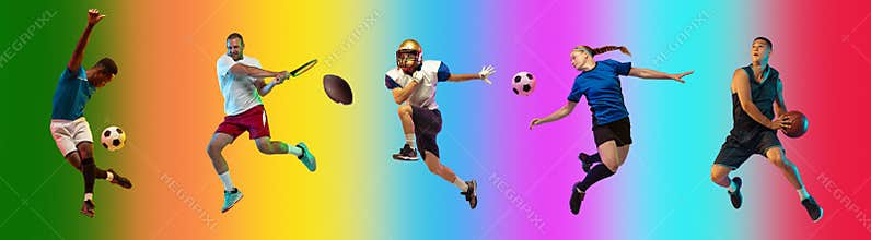 Sport collage of professional athletes on gradient multicolored background, flyer