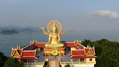 Thailand landmark. Aerial view of golden Buddha temple