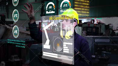 Factory worker use future holographic screen device to control manufacturing