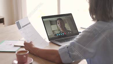 Social distance online job interview by video call on laptop