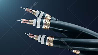 Concept of fiber optic cable on a colored background. Future cable technology. Detailed curved cable in cross section