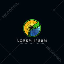 Eco solar energy panel vector logo concept image. sun, green leaf and grid glass symbols isolated in black background
