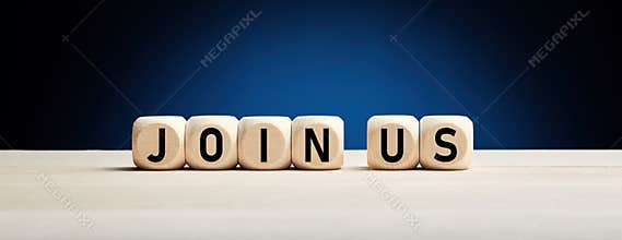 Join us concept on wooden cubes against blue background. Job vacancy or community membership announcement