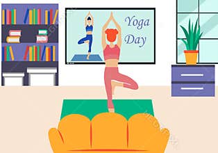 The girl practices yoga at home in front of the TV. Yoga day. Stay home. Favorite leisure hobby. Flat design