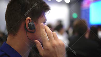 Earphone translate speaker international audience listener. Headphone people.