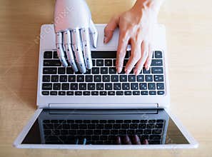 Robot hands and fingers point to laptop button advisor chatbot robotic artificial intelligence