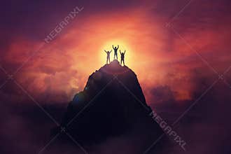 Together overcoming obstacles as a group of three people raising hands up on the top of a mountain. Celebrate victory and success