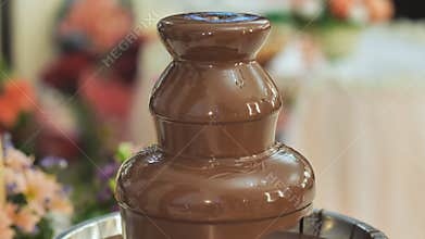 Chocolate fountain at a wedding celebration.