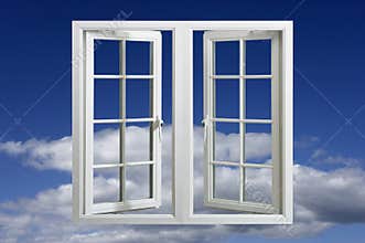 Modern plastic pvc window floating in blue sky