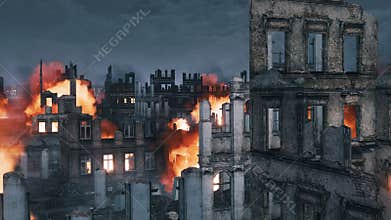 Burning building ruins of destroyed after war city 4K