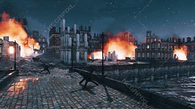 Burning building ruins in destroyed after war city 4K