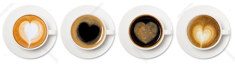 Coffee cup assortment with heart sign top view collection isolated on white background