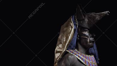 Egyptian god Anubis wearing ancient clothes, profile shot