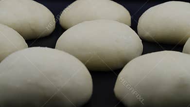 Buns from yeast dough increase in size on black background. Timelapse