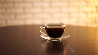 Cup of fresh aroma coffee on wooden table