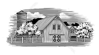 Woodcut Rustic Barn
