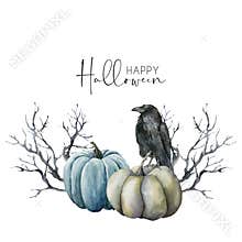 Watercolor halloween card with crow and pumpkins. Hand painted holiday template with gourds and black tree isolated on