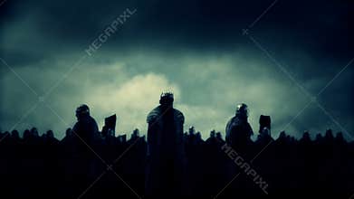 Medieval King Standing with his Royal Guards and Army in a Battle Field