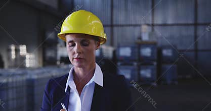 Female warehouse manager checking stock in storeroom 4k