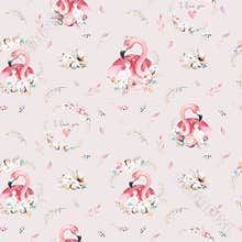 Watercolor cute cartoon little baby and mom flamingo with floral wreath seamless pattern. tropical fabric background