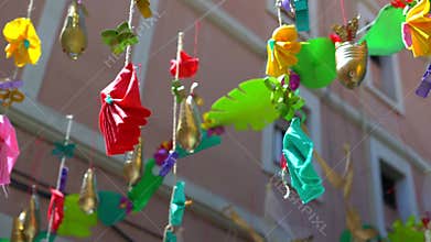 Street decoration made from recycled plastic bottles, bottle stopper and bags.