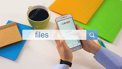 Files backup requested in smartphone search bar by female user, cloud storage