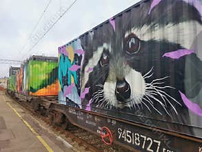 Noah`s Train containers decorated with animal motifs displayed at the Riga Central Station`s platform