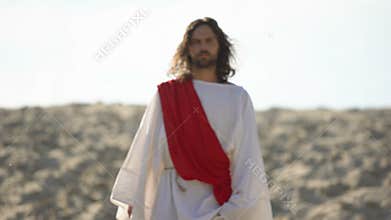 Jesus walking to people, preaching Christian faith in desert, soul salvation