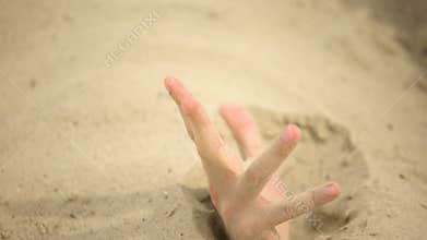 Hand desperately waving, sinking in quicksand, trapped tourist in desert, danger