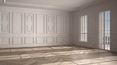 Empty room interior design, open space with white walls with stucco and parquet wooden floor, classic contemporary architecture,