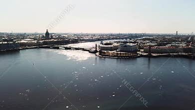 Aerial breathtaking landscape of Neva river in Saint Petersburg crossed by amazing bridges on blue sky background