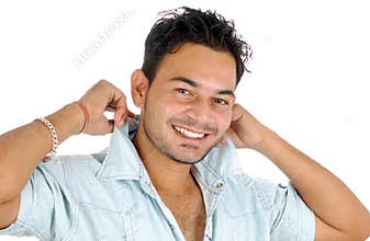 Young casual boy dressing his shirt