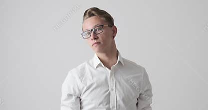 Businessman pointing suspicious behaviour of someone at far end