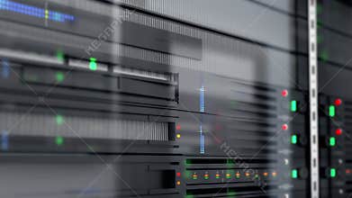 Slow tracking shot of server units in cloud service data center showing flickering light indicators for massive data connection