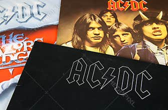 Close up of AC/DC vinyl record collection with cover of hells bells album