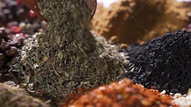 Spices. Various Indian Spices on wooden table. Assortment of Seasonings, condiments. Cooking ingredients, flavor. Slow