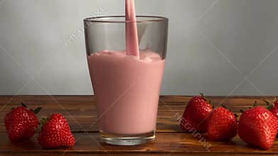 Pouring strawberry yogurt or smoothie in glass on wooden table