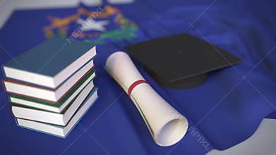 Graduation cap, books and diploma on the flag of Nevada. Higher education in the USA related conceptual 3D animation