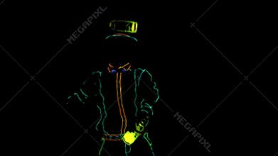 Barmen show. Anime. Animation. Performance. Barman, dressed in neon uniform is making tricks, on black background. Slow