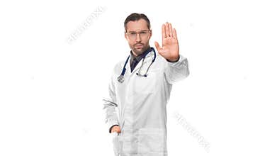 Doctor with stethoscope showing stop gesture. Doctor showing stop sign with his palm of hand.