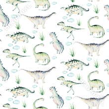 Cute cartoon baby dinosaurs seamless pattern watercolor paper, hand painted dino background texture Jurassic Park . Rex