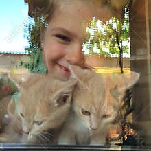 Girl with kittens looking through window