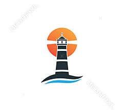 lighthouse in front of sunset vector logo design