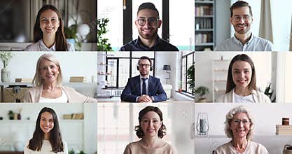 Diverse people listening webinar lecture participating group conference call