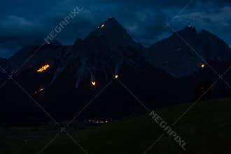 Traditional mountain fire and solstice fire near Ehrwald